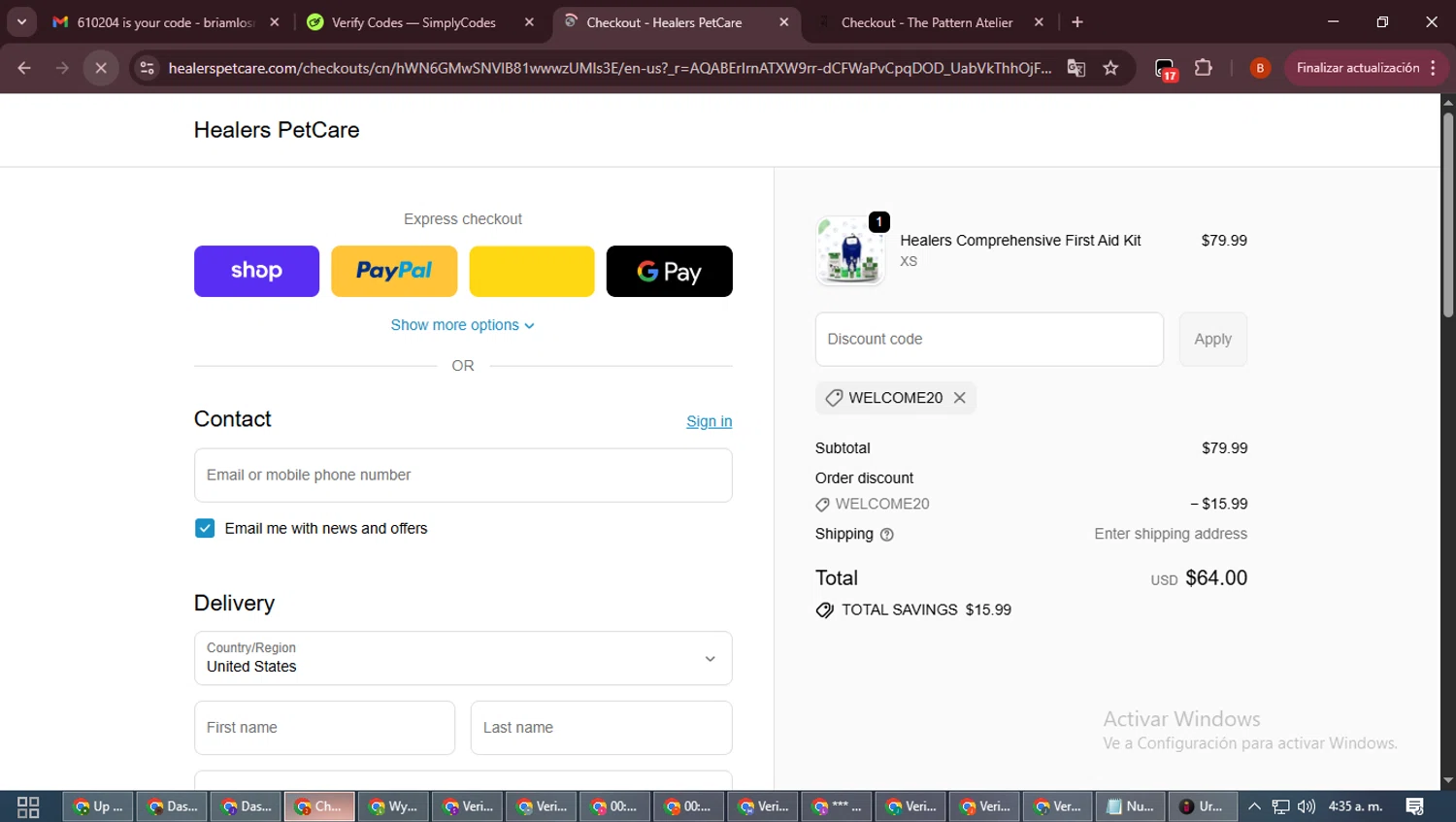 Healers PetCare promo code screenshot showing code WELCOME20 applied at Healers PetCare checkout page. Uploaded by SimplyCodes community member DiscountExpert6435 on Dec 10, 2025