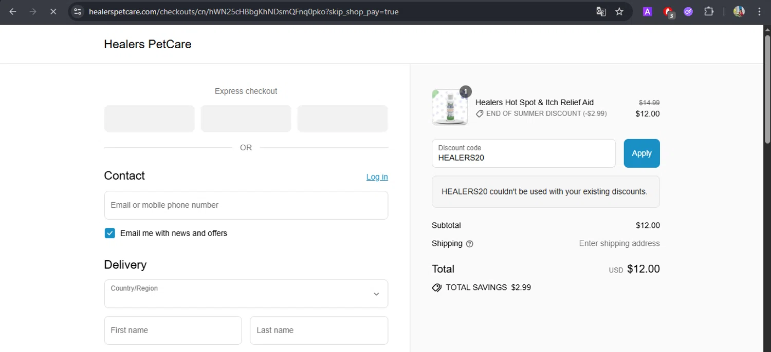 Healers PetCare promo code screenshot showing code HEALERS20 applied at Healers PetCare checkout page. Uploaded by SimplyCodes community member BrilliantFox7966 on Aug 22, 2025