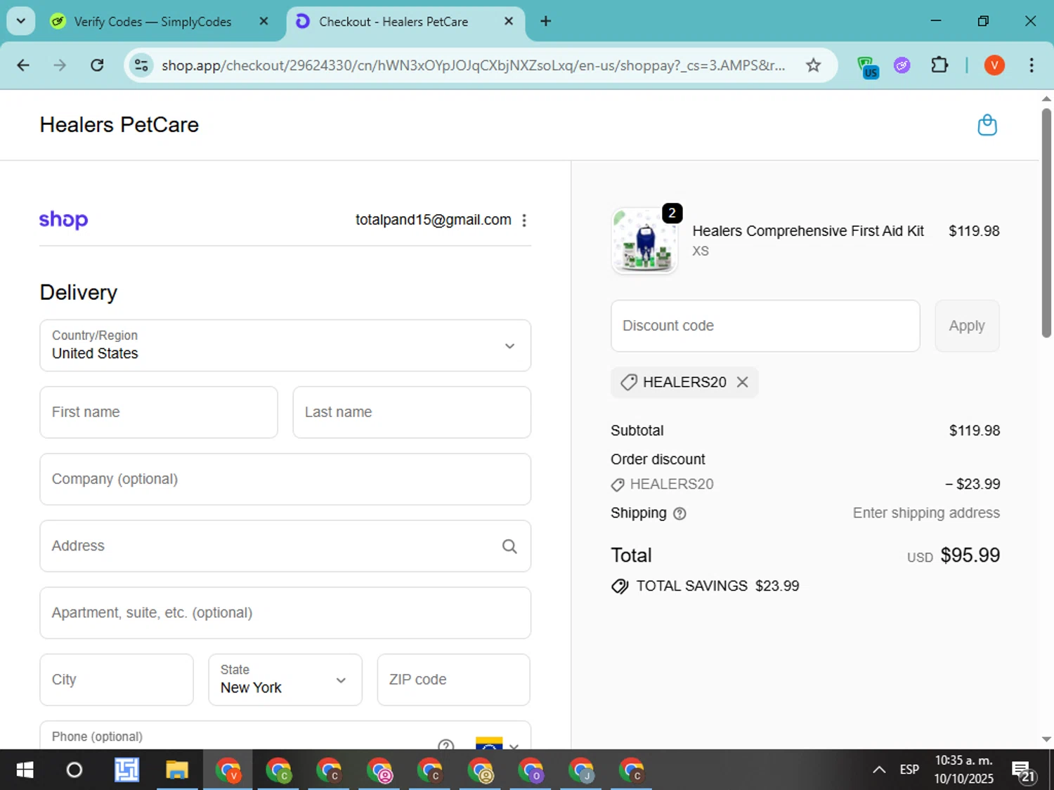 Healers PetCare promo code screenshot showing code HEALERS20 applied at Healers PetCare checkout page. Uploaded by SimplyCodes community member CodeMonarch8148 on Oct 10, 2025