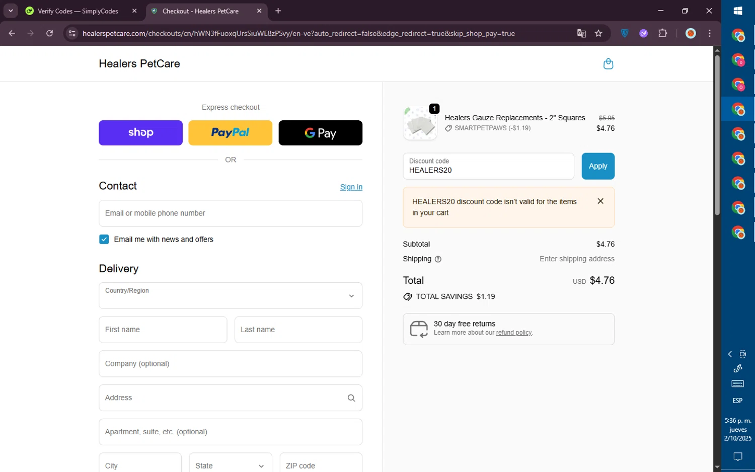 Healers PetCare promo code screenshot showing code HEALERS20 applied at Healers PetCare checkout page. Uploaded by SimplyCodes community member PromoVoyager8446 on Oct 2, 2025