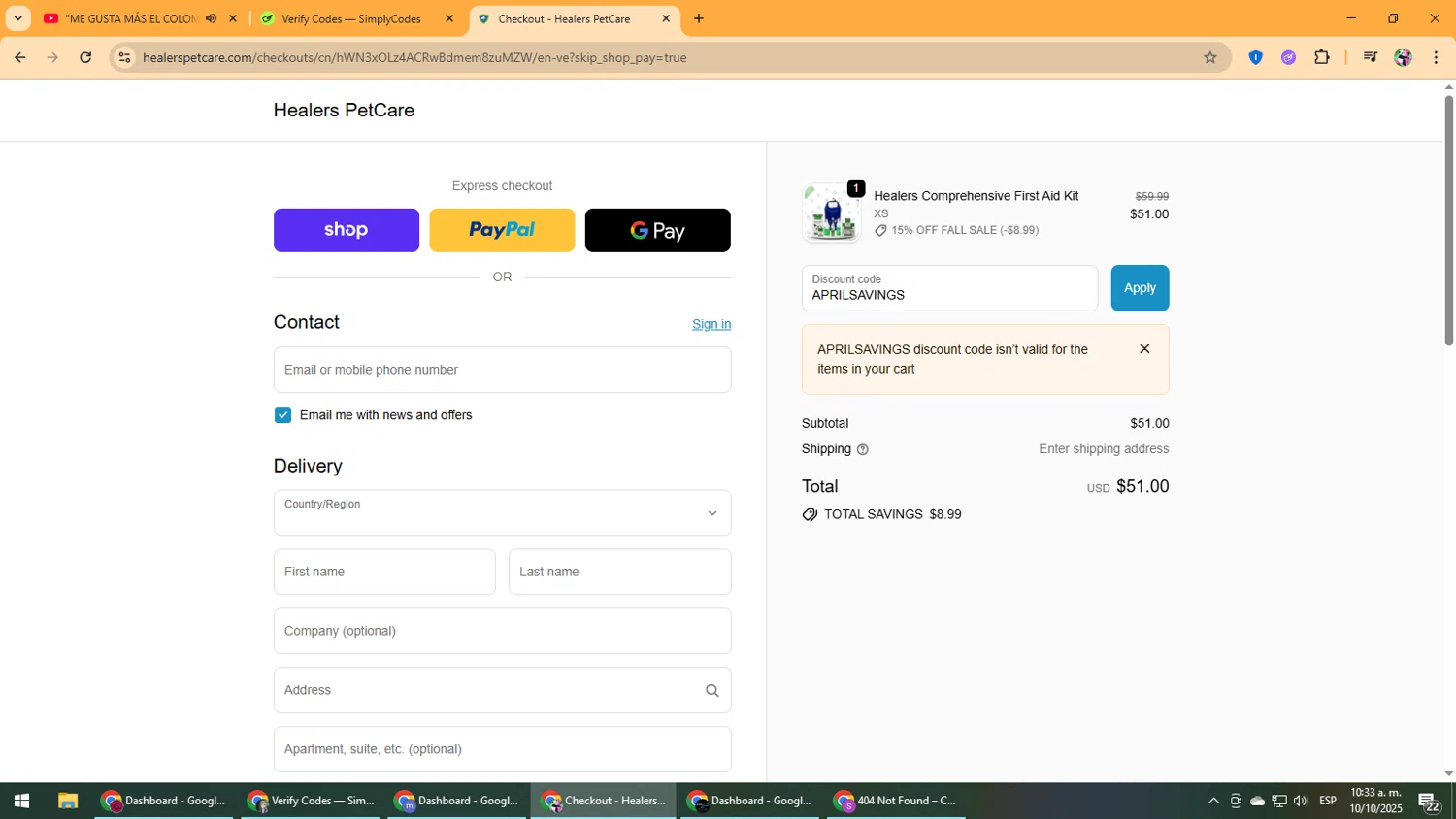 Healers PetCare promo code screenshot showing code APRILSAVINGS applied at Healers PetCare checkout page. Uploaded by SimplyCodes community member Vanmanuel on Oct 10, 2025