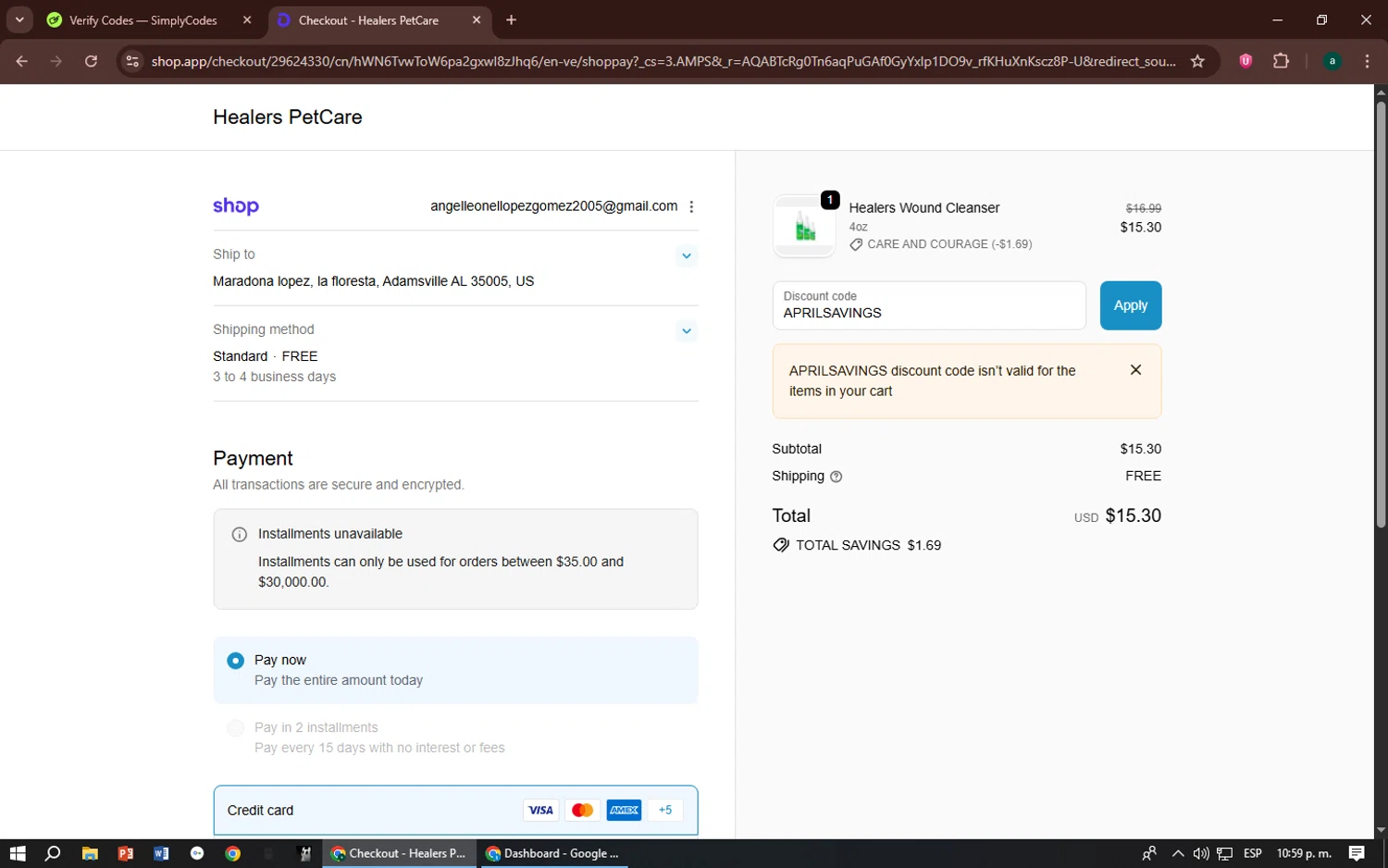 Healers PetCare promo code screenshot showing code APRILSAVINGS applied at Healers PetCare checkout page. Uploaded by SimplyCodes community member zizu55 on Dec 16, 2025