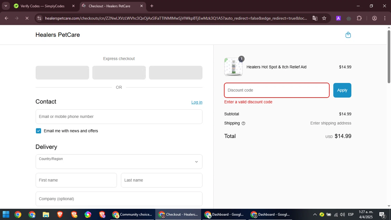 Healers PetCare promo code screenshot showing code Free applied at Healers PetCare checkout page. Uploaded by SimplyCodes community member CouponGuardian8137 on Apr 4, 2025
