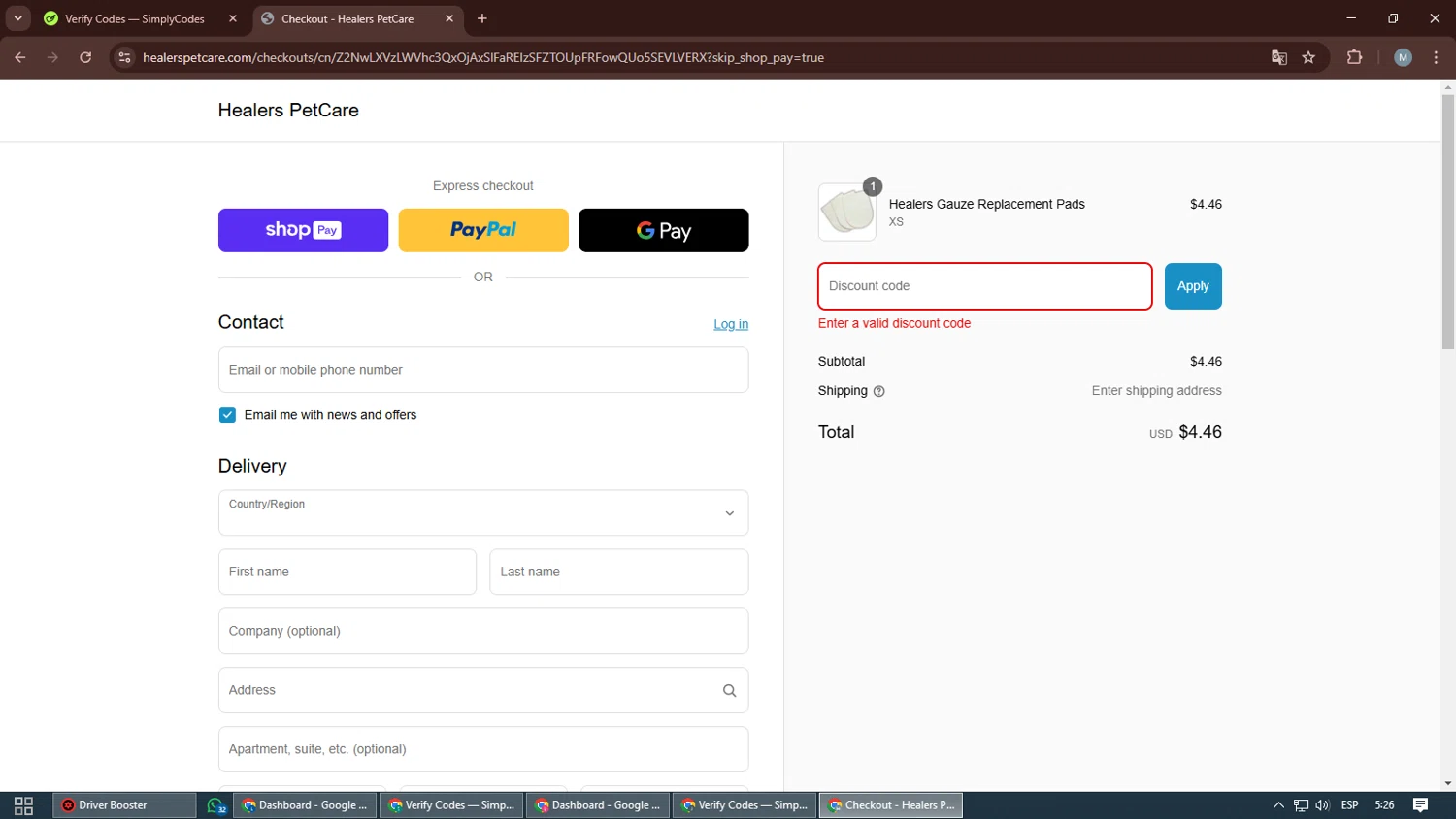 Healers PetCare promo code screenshot showing code Free applied at Healers PetCare checkout page. Uploaded by SimplyCodes community member BrilliantWizard7376 on Apr 4, 2025