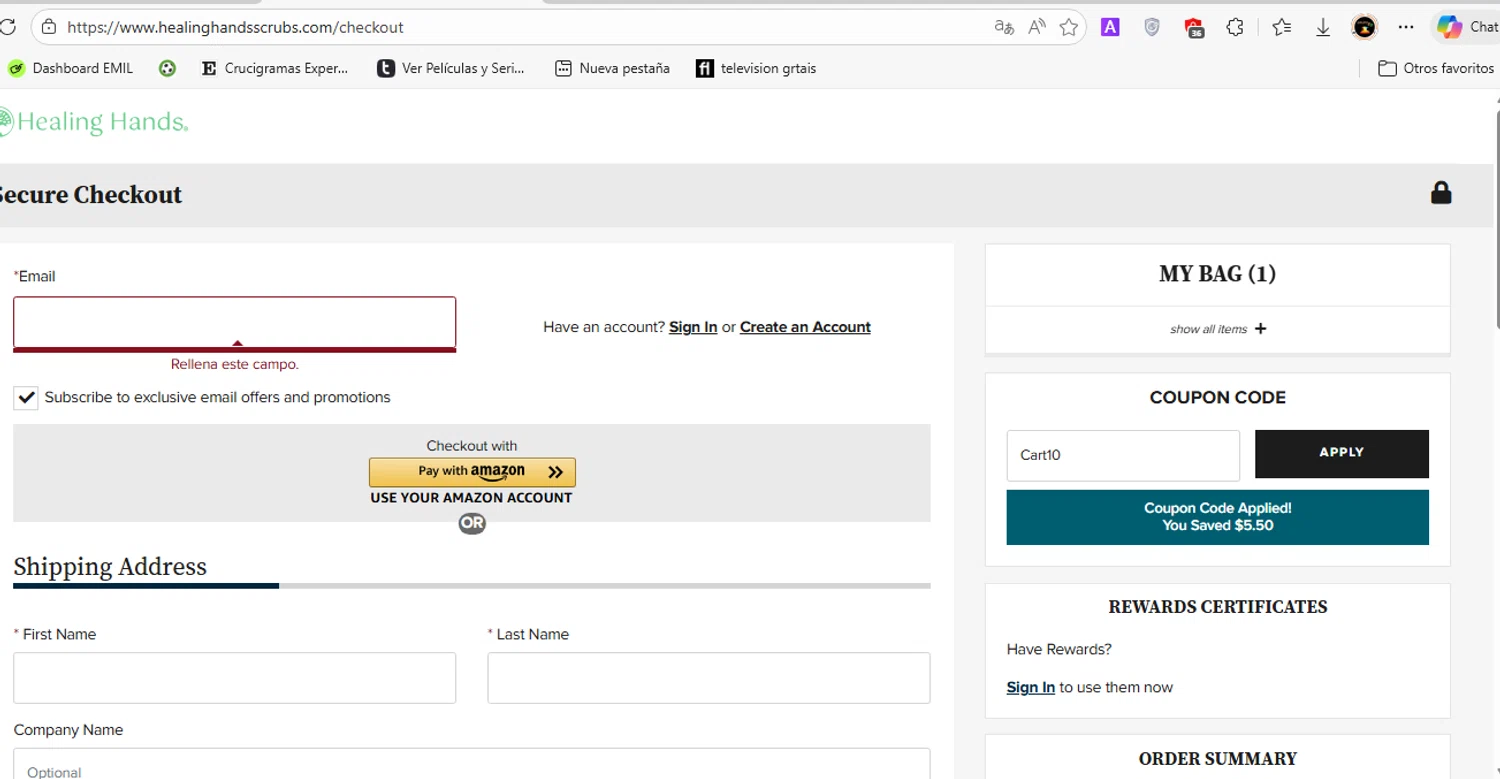 Healing Hands Scrubs coupon code screenshot showing code Cart10 applied at Healing Hands Scrubs checkout page. Uploaded by SimplyCodes community member EJL_MIQUILENA on Feb 12, 2026