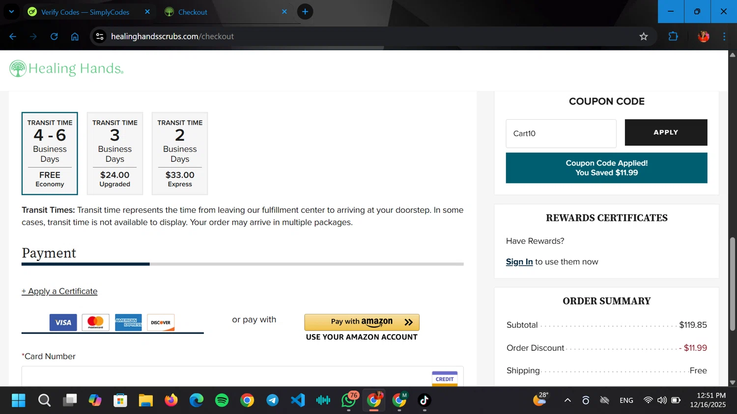 Healing Hands Scrubs coupon code screenshot showing code Cart10 applied at Healing Hands Scrubs checkout page. Uploaded by SimplyCodes community member ELGOAT on Dec 16, 2025