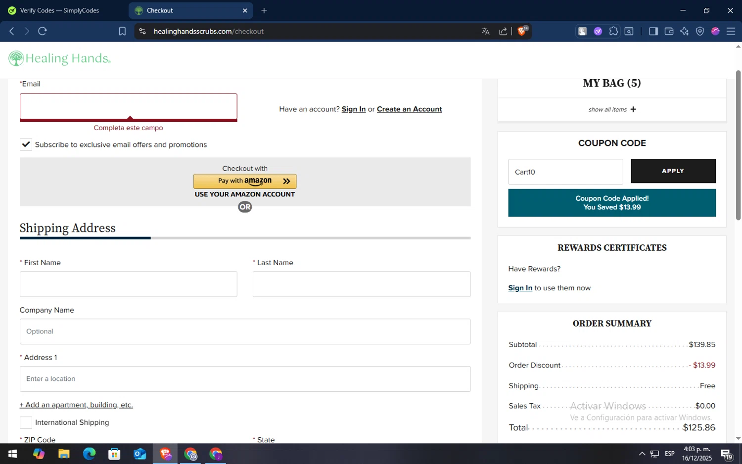 Healing Hands Scrubs coupon code screenshot showing code Cart10 applied at Healing Hands Scrubs checkout page. Uploaded by SimplyCodes community member TokenSaver1205 on Dec 16, 2025
