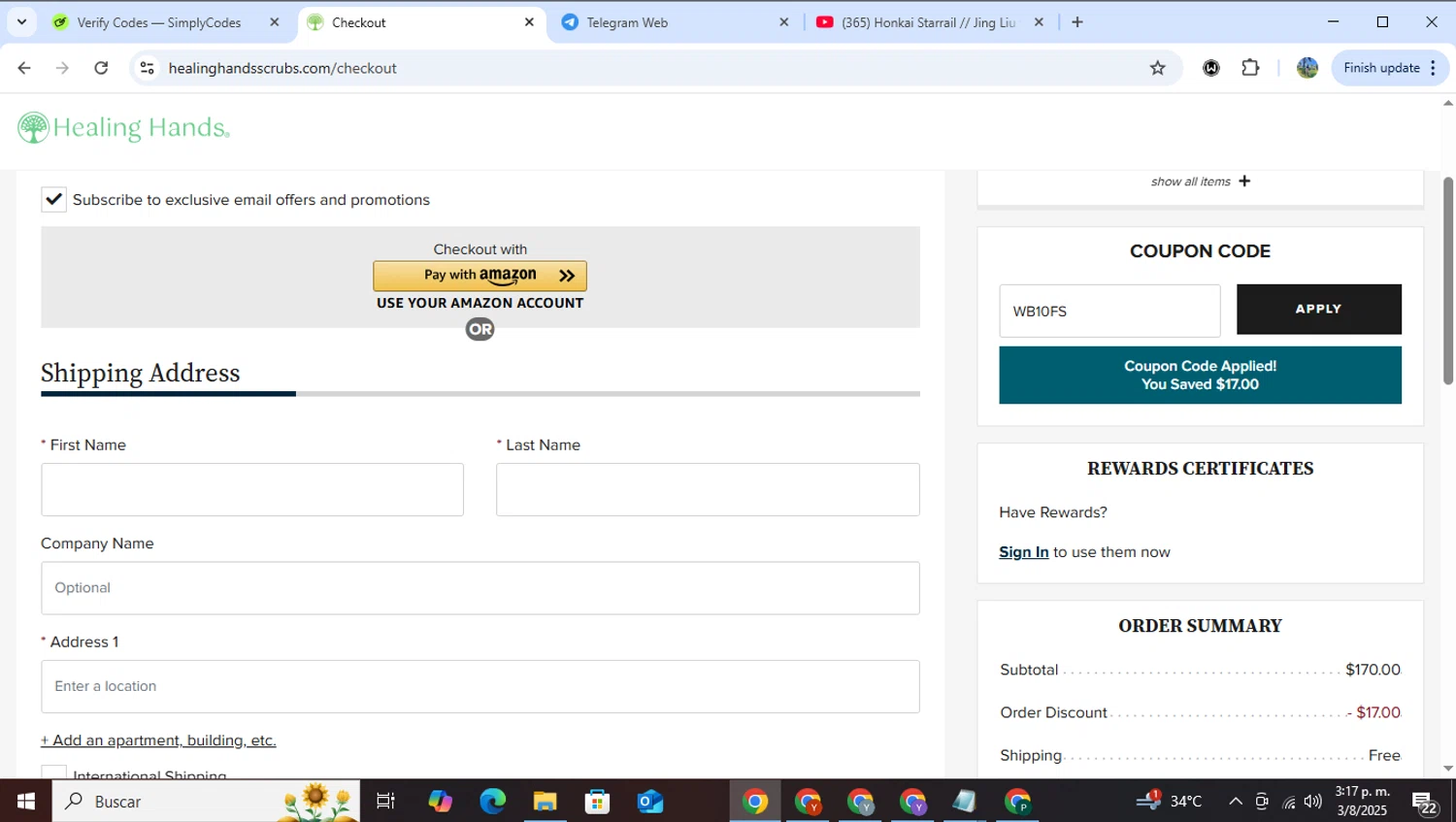 Healing Hands Scrubs coupon code screenshot showing code WB10FS applied at Healing Hands Scrubs checkout page. Uploaded by SimplyCodes community member RoyalHero6815 on Aug 3, 2025