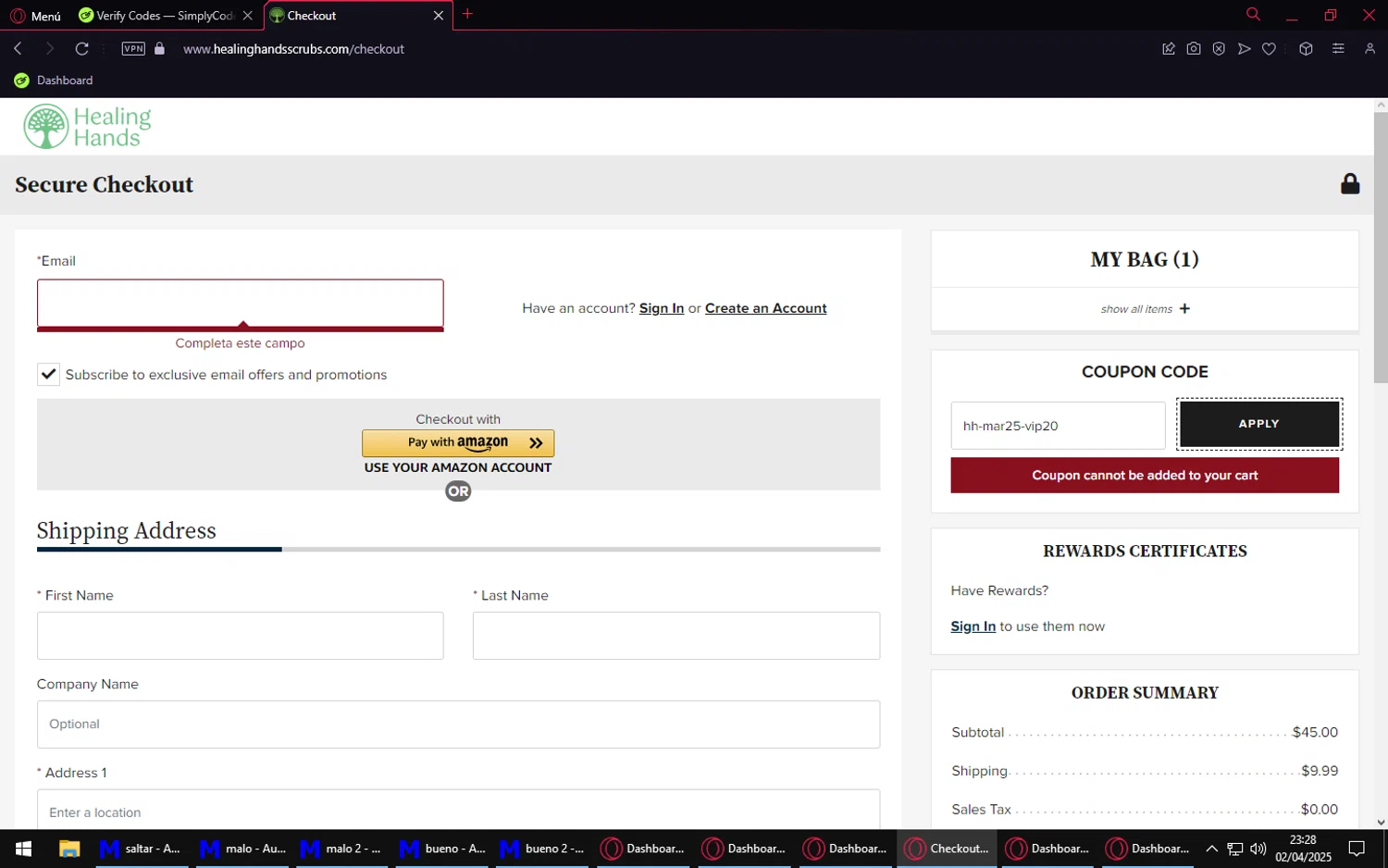 Healing Hands Scrubs coupon code screenshot showing code hh-mar25-vip20 applied at Healing Hands Scrubs checkout page. Uploaded by SimplyCodes community member Purureche on Apr 3, 2025