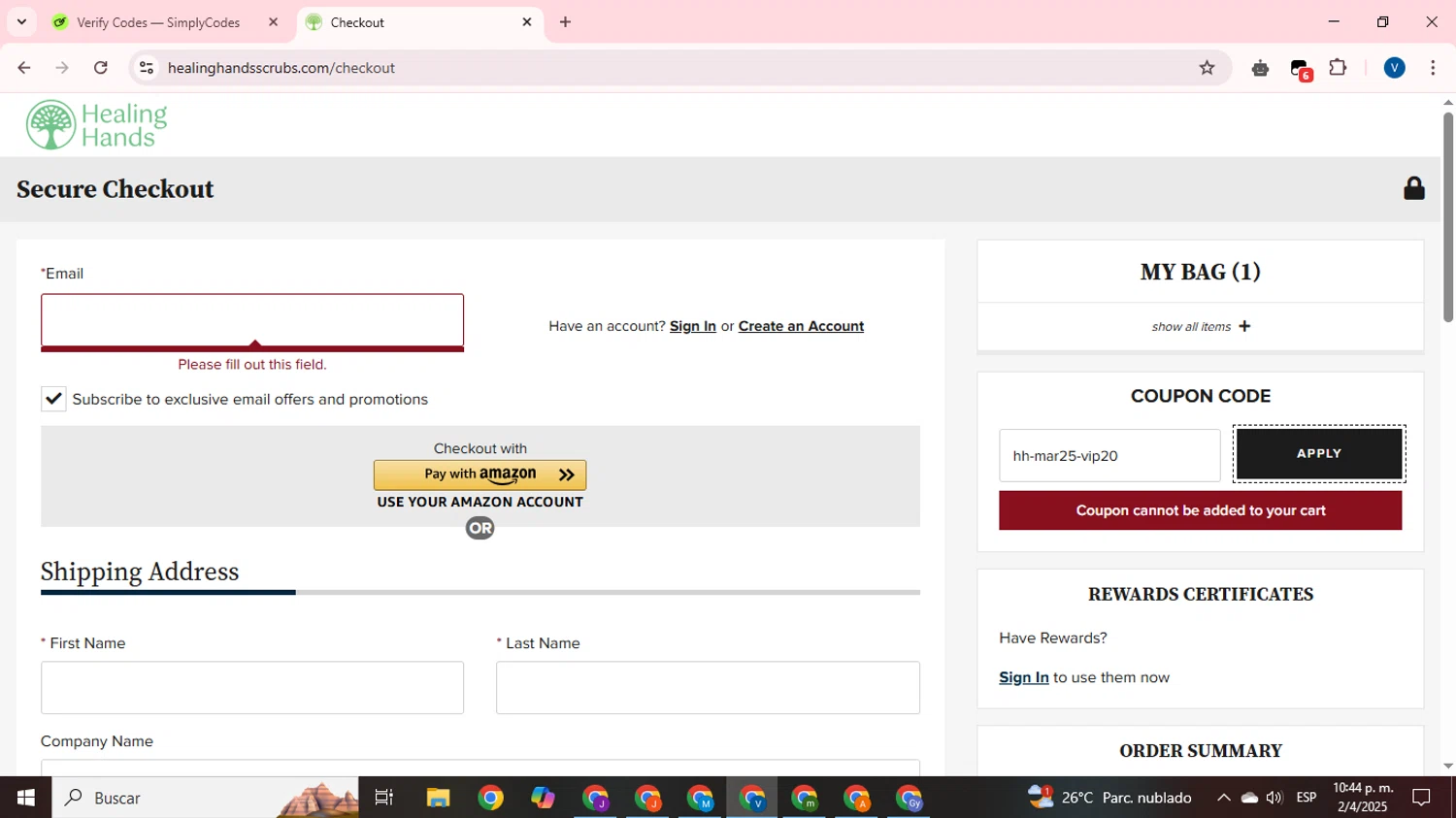 Healing Hands Scrubs coupon code screenshot showing code hh-mar25-vip20 applied at Healing Hands Scrubs checkout page. Uploaded by SimplyCodes community member CrownTitan5376 on Apr 3, 2025