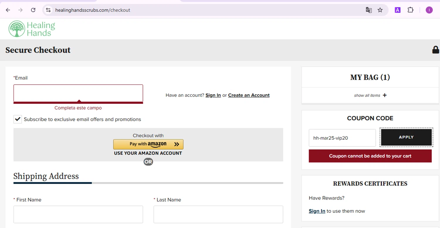 Healing Hands Scrubs coupon code screenshot showing code hh-mar25-vip20 applied at Healing Hands Scrubs checkout page. Uploaded by SimplyCodes community member BudgetElite1200 on Apr 3, 2025