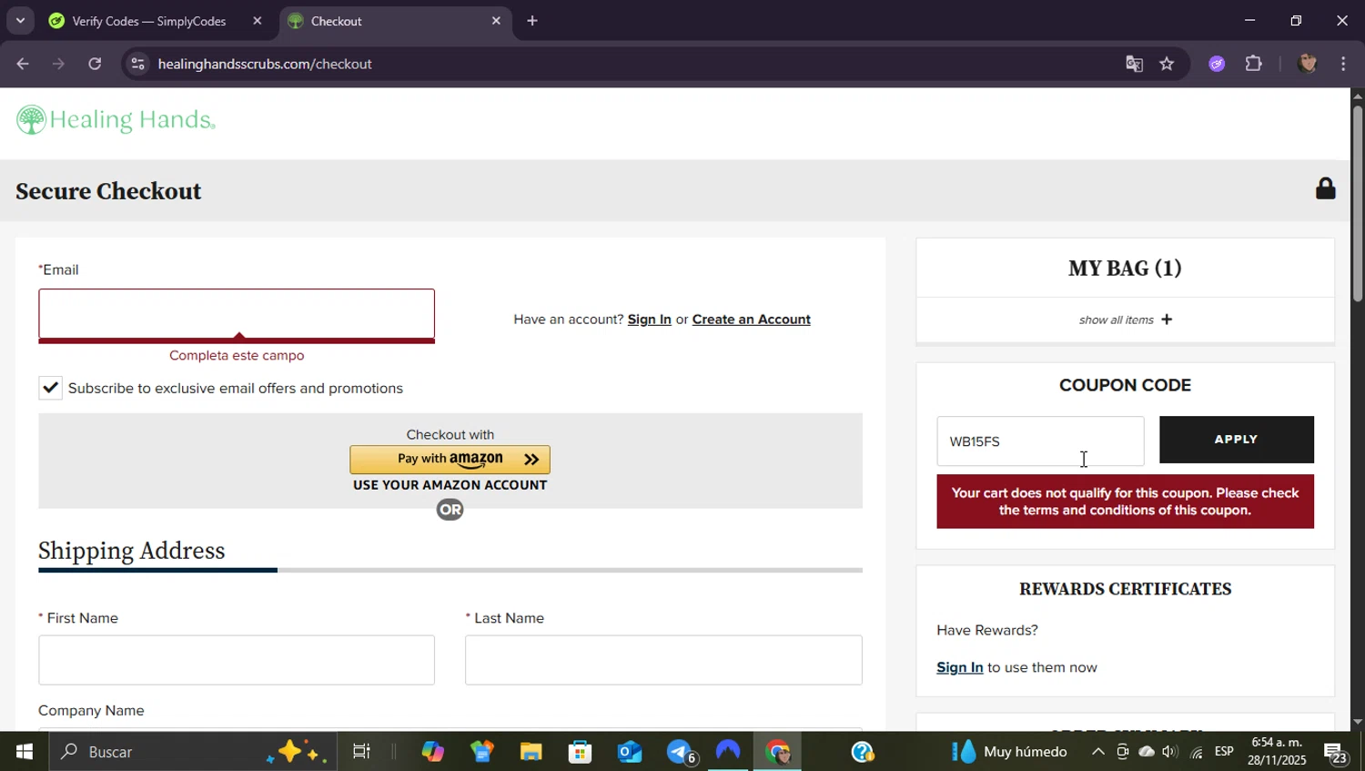 Healing Hands Scrubs coupon code screenshot showing code WB15FS applied at Healing Hands Scrubs checkout page. Uploaded by SimplyCodes community member ShieldEagle9436 on Nov 28, 2025