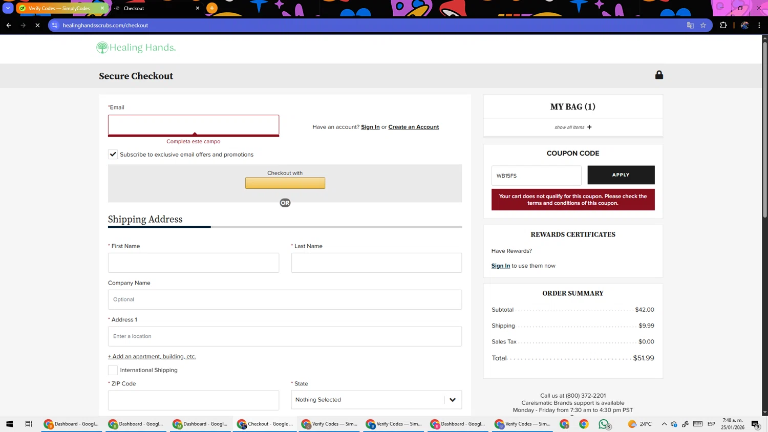 Healing Hands Scrubs coupon code screenshot showing code WB15FS applied at Healing Hands Scrubs checkout page. Uploaded by SimplyCodes community member TokenSleuth5758 on Jan 25, 2026