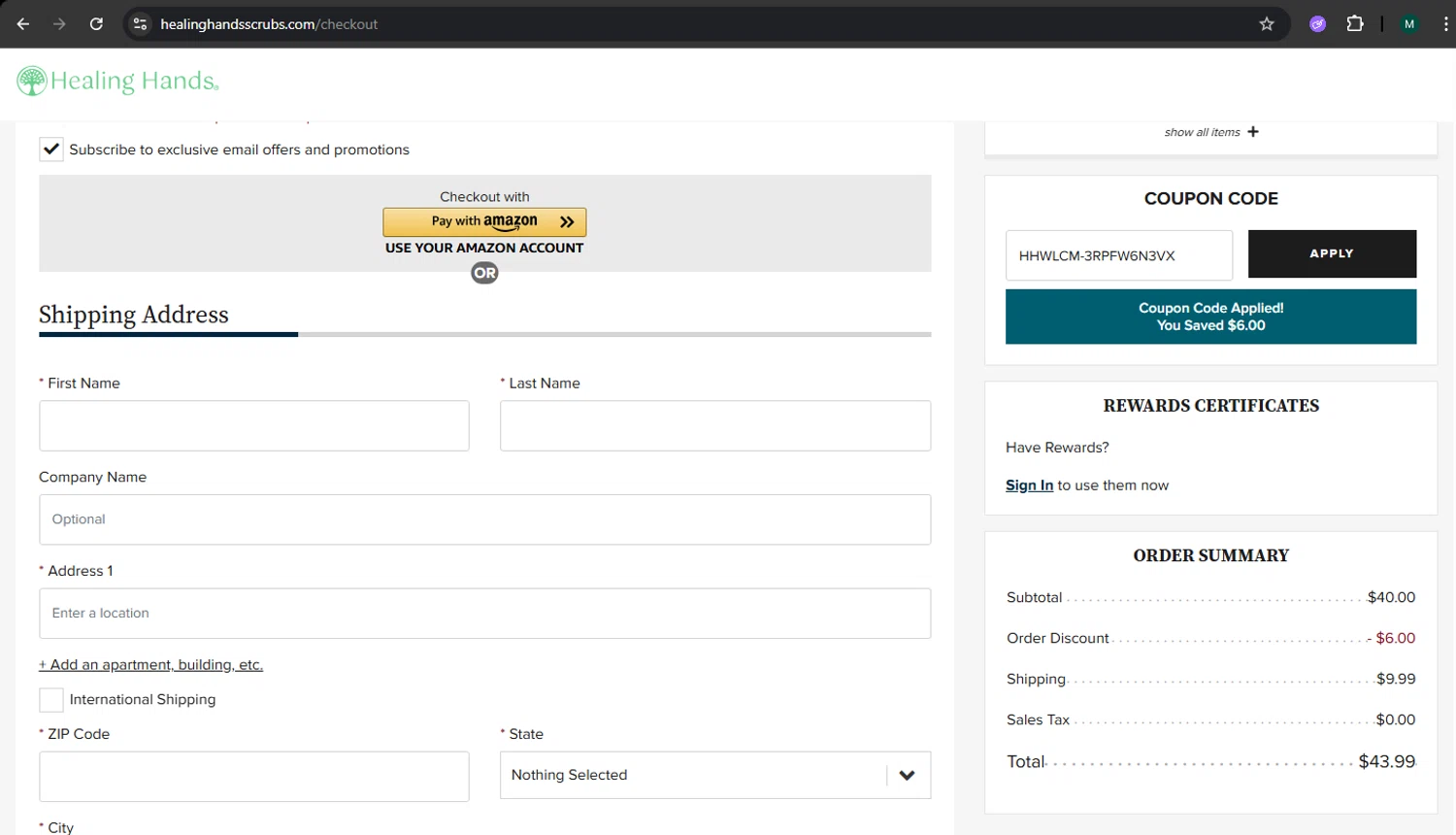 Healing Hands Scrubs checkout page showing Healing Hands Scrubs coupon code box | Screenshot taken by SimplyCodes community member on Feb 17, 2026