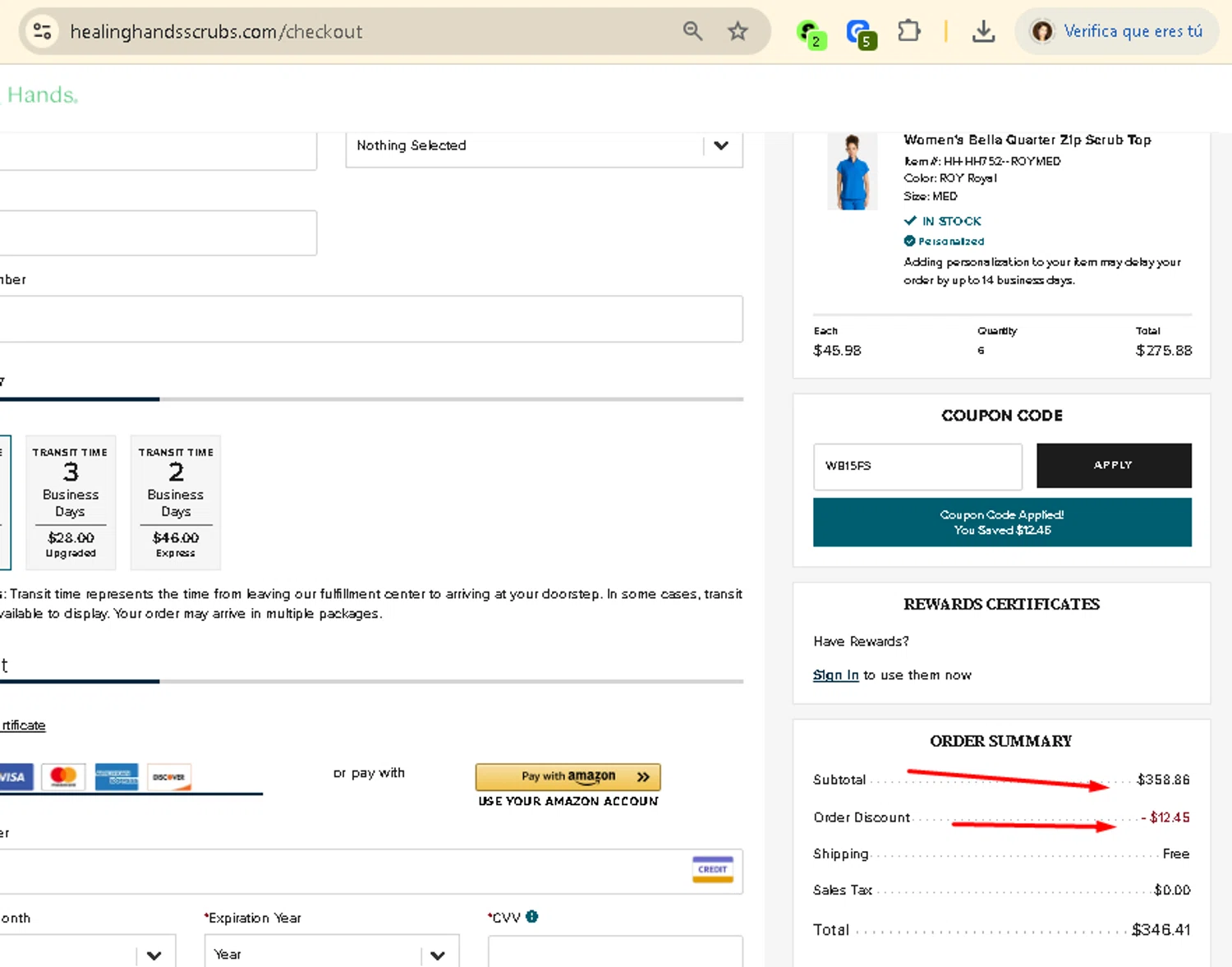 Healing Hands Scrubs coupon code screenshot showing code WB15FS applied at Healing Hands Scrubs checkout page. Uploaded by SimplyCodes community member AMANDA2681 on Aug 15, 2025