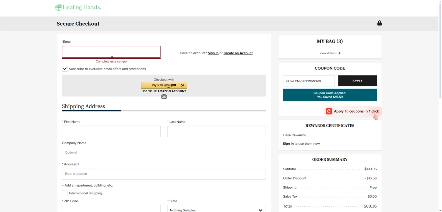 Healing Hands Scrubs coupon code screenshot showing code HHWLCM-3RPFW6N3VX applied at Healing Hands Scrubs checkout page. Uploaded by SimplyCodes community member Dorothy on Dec 28, 2025