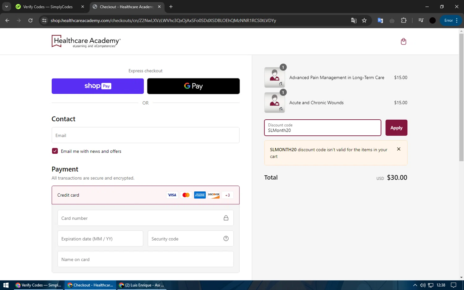 Healthcare Academy checkout page showing Healthcare Academy promo code box | Screenshot taken by SimplyCodes community member on May 30, 2024