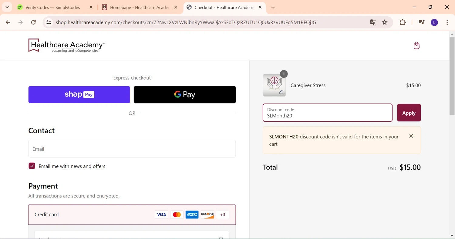 Healthcare Academy checkout page showing Healthcare Academy promo code box | Screenshot taken by SimplyCodes community member on May 1, 2024