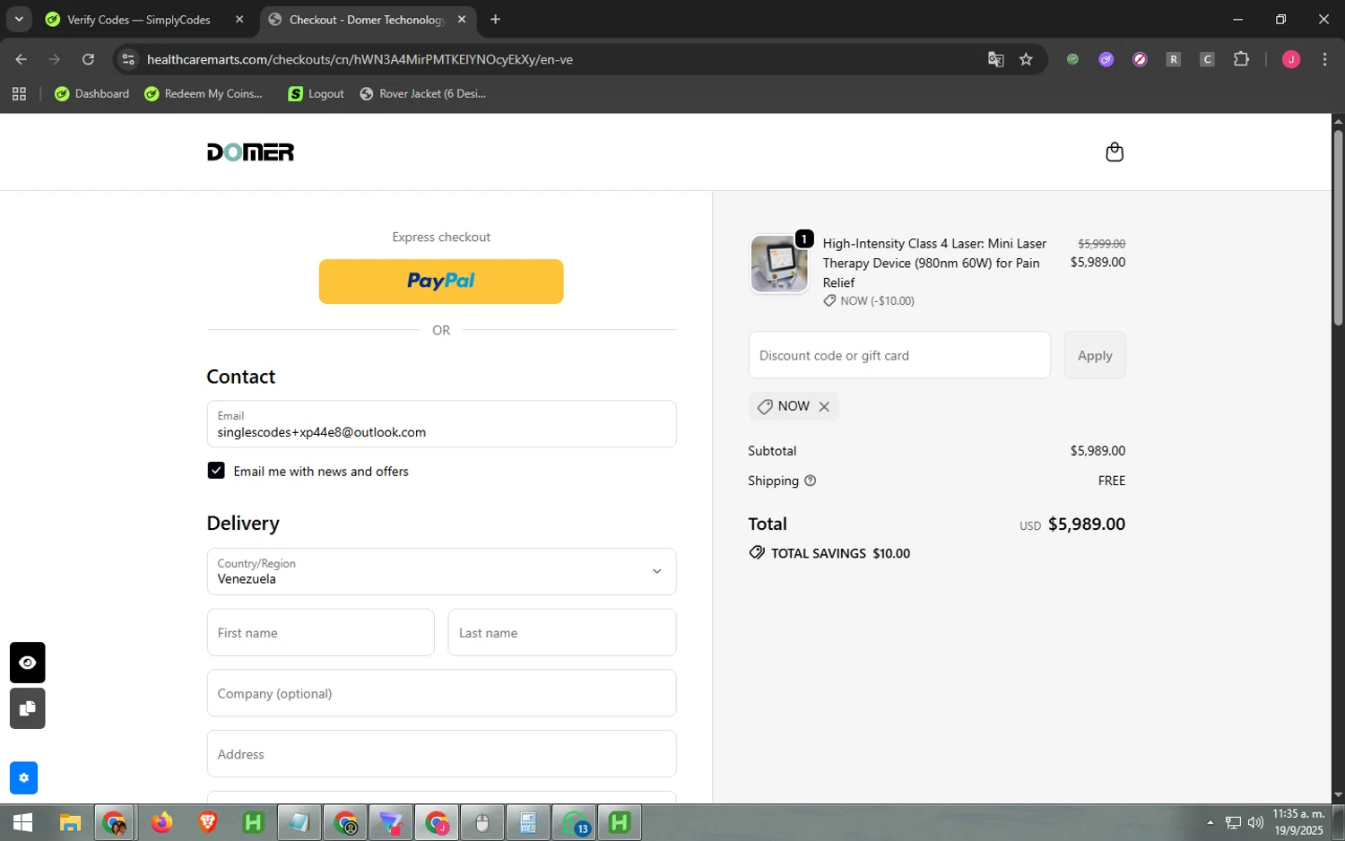 Domer Laser promo code screenshot showing code NOW applied at Domer Laser checkout page. Uploaded by SimplyCodes community member CouponAce782 on Sep 19, 2025