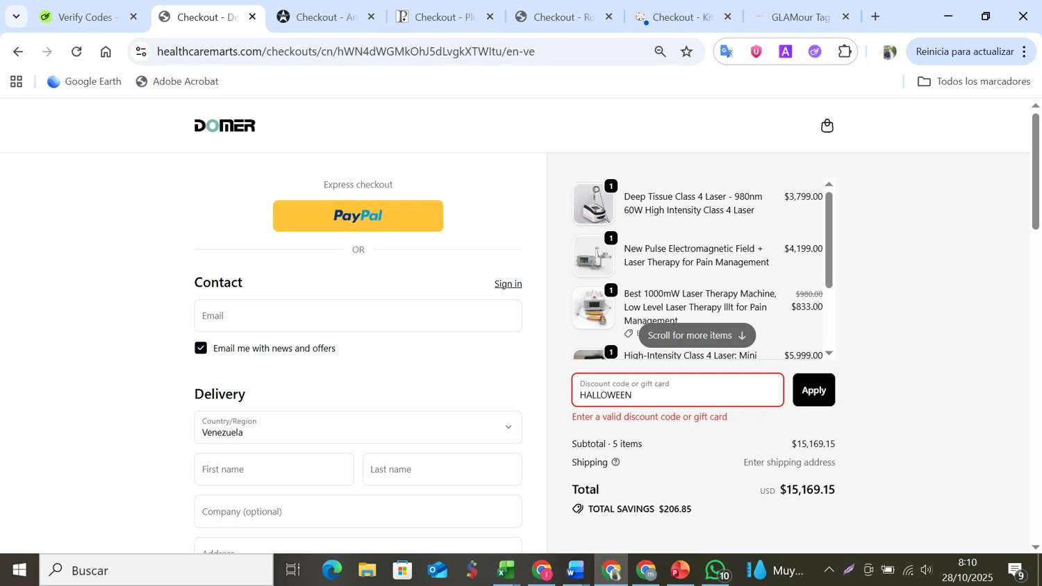 Domer Laser promo code screenshot showing code HALLOWEEN applied at Domer Laser checkout page. Uploaded by SimplyCodes community member NobleMonarch5837 on Oct 28, 2025
