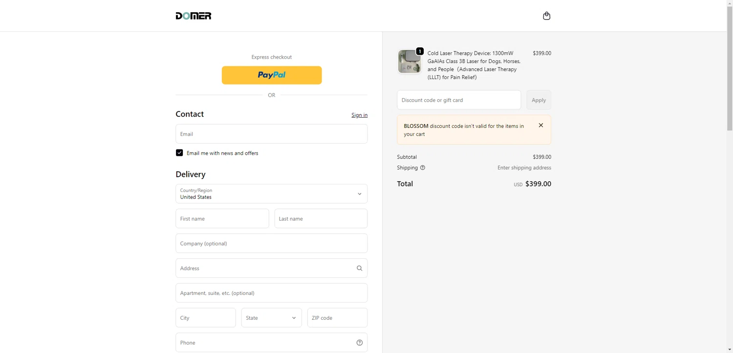 Domer Laser checkout page showing Domer Laser promo code box | Screenshot taken by SimplyCodes community member on Jan 1, 2026