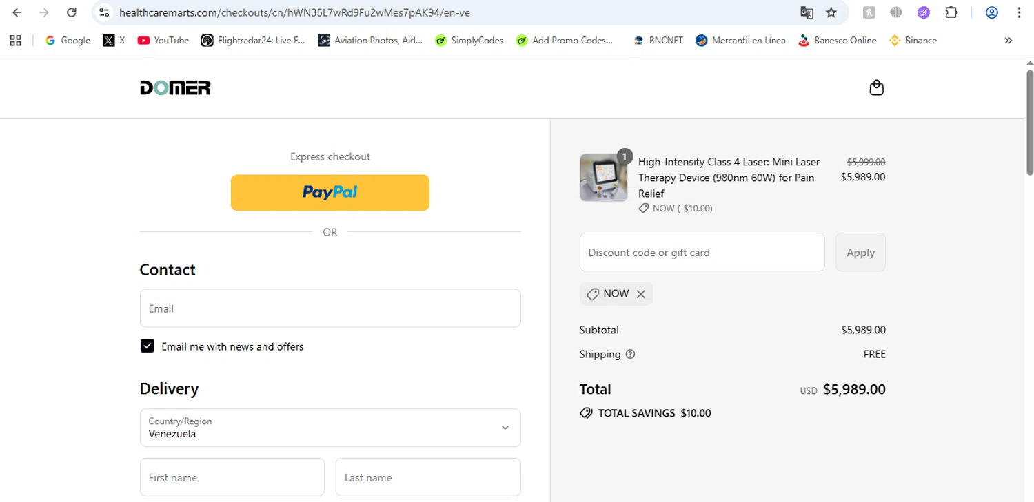 Domer Laser promo code screenshot showing code NOW applied at Domer Laser checkout page. Uploaded by SimplyCodes community member victor on Sep 17, 2025