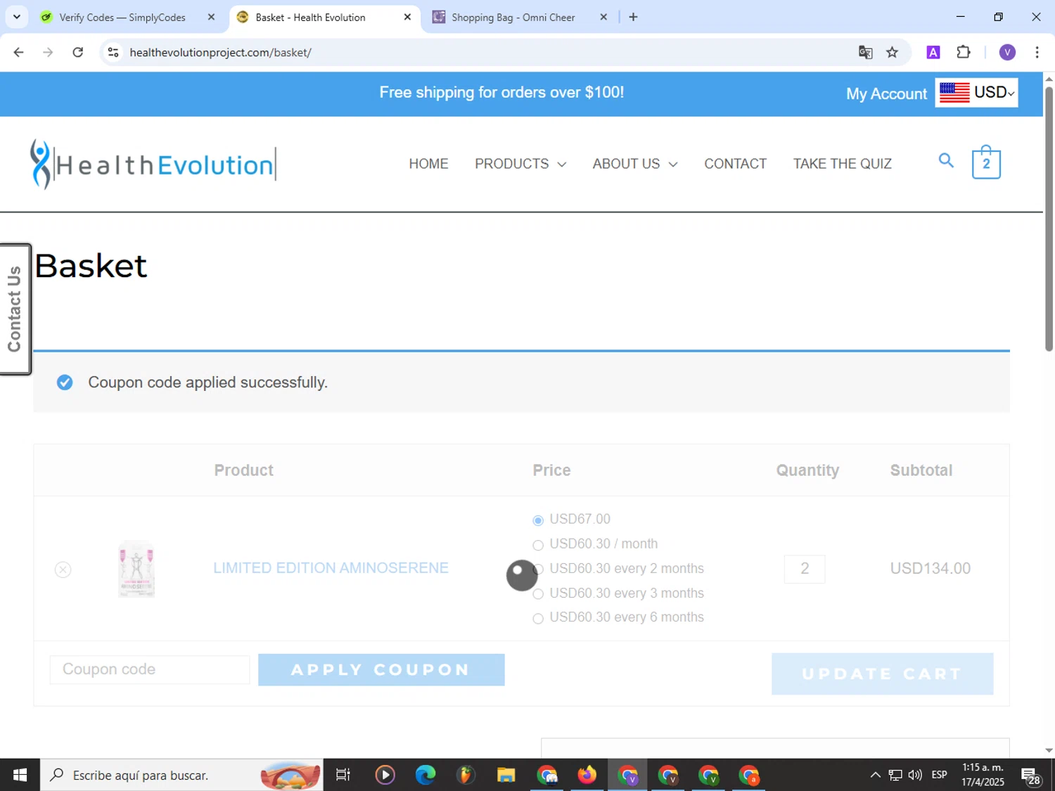 Health Evolution promo code screenshot showing code ANDHE10 applied at Health Evolution checkout page. Uploaded by SimplyCodes community member Satoru_gojo on Apr 17, 2025