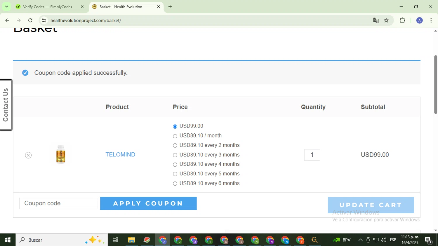 Health Evolution promo code screenshot showing code SAVE10 applied at Health Evolution checkout page. Uploaded by SimplyCodes community member TreasureCaptain5531 on Apr 17, 2025