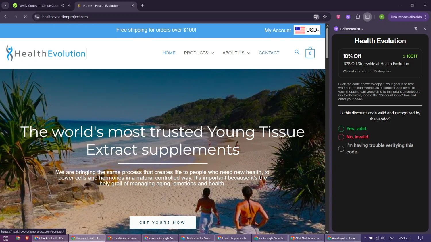 Health Evolution promo code screenshot showing code 10OFF applied at Health Evolution checkout page. Uploaded by SimplyCodes community member SavvyMaverick3145 on Nov 9, 2025