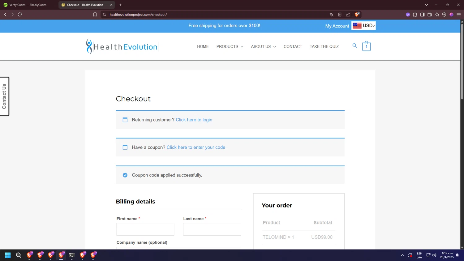 Health Evolution promo code screenshot showing code 10OFF applied at Health Evolution checkout page. Uploaded by SimplyCodes community member jakycham2020 on Apr 23, 2025