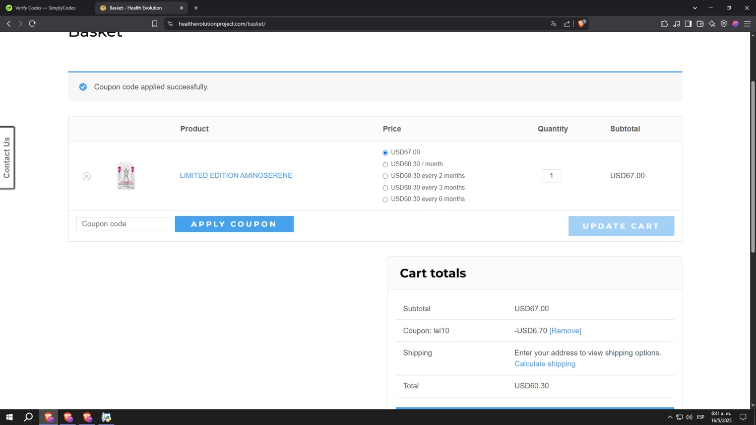 Health Evolution checkout page showing Health Evolution promo code box | Screenshot taken by SimplyCodes community member on May 16, 2025