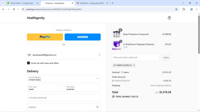 Healthgevity checkout page showing Healthgevity coupon code box | Screenshot taken by SimplyCodes community member on Aug 25, 2025