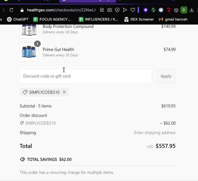 Healthgevity checkout page showing Healthgevity coupon code box | Screenshot taken by SimplyCodes community member on Feb 24, 2025