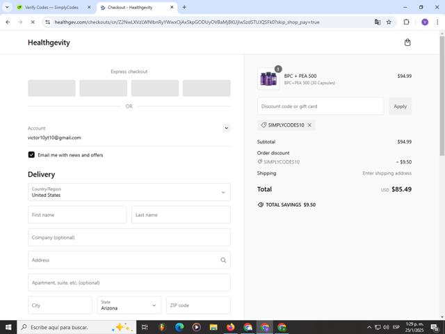 Healthgevity checkout page showing Healthgevity coupon code box | Screenshot taken by SimplyCodes community member on Jan 25, 2025