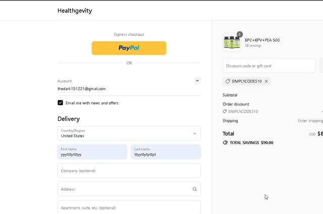 Healthgevity checkout page showing Healthgevity coupon code box | Screenshot taken by SimplyCodes community member on Jul 16, 2025