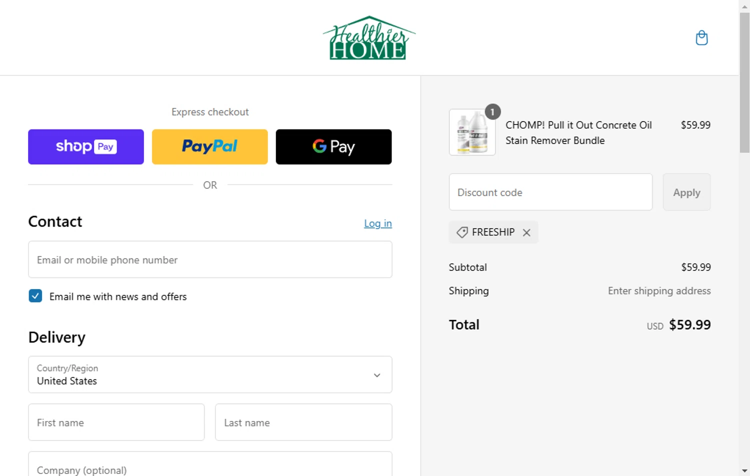 Healthier Home Products discount code screenshot showing code FREESHIP applied at Healthier Home Products checkout page. Uploaded by SimplyCodes community member VoucherFinder3467 on Feb 22, 2025