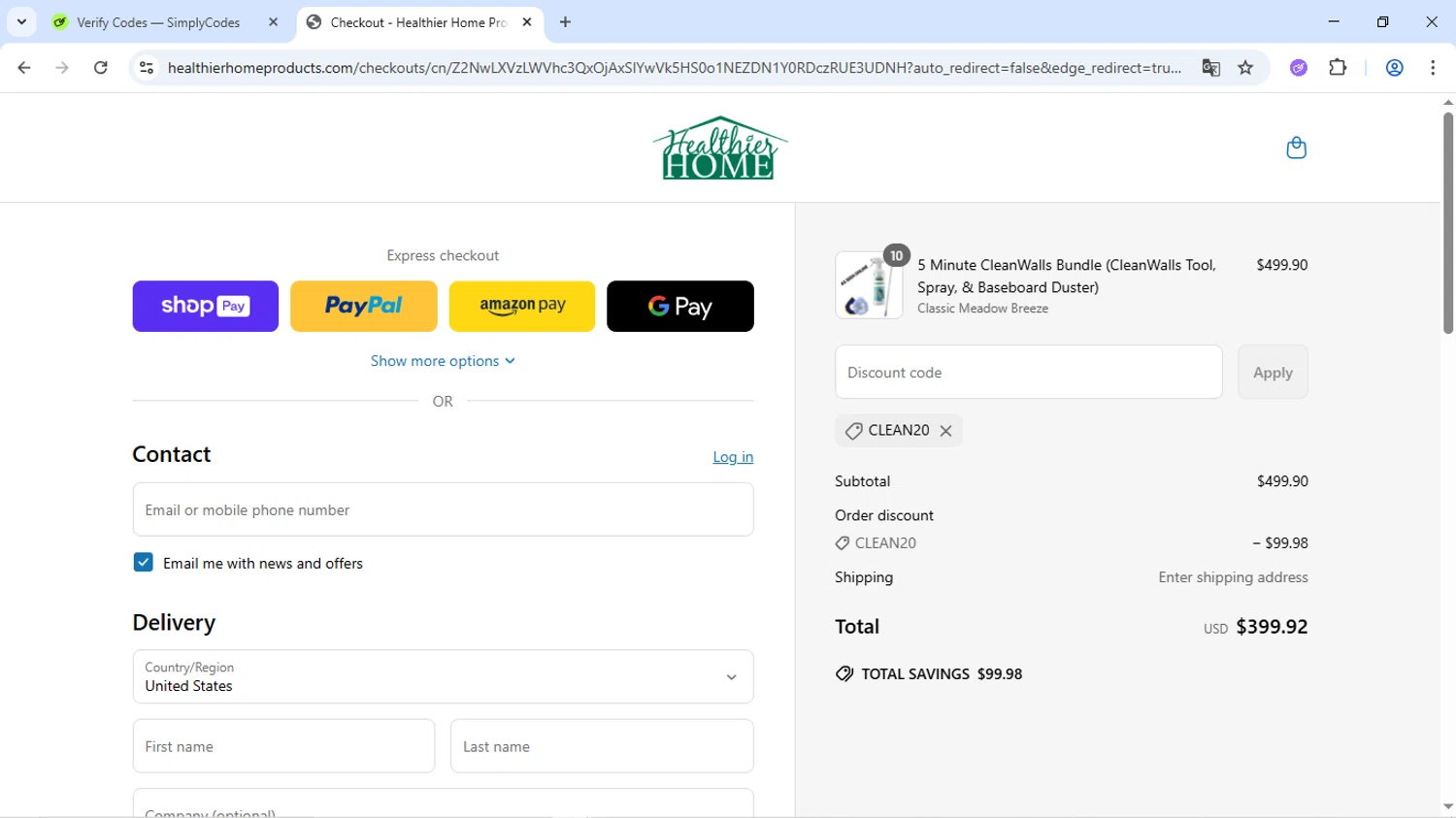 Healthier Home Products discount code screenshot showing code CLEAN20 applied at Healthier Home Products checkout page. Uploaded by SimplyCodes community member Alaia2026 on May 11, 2025