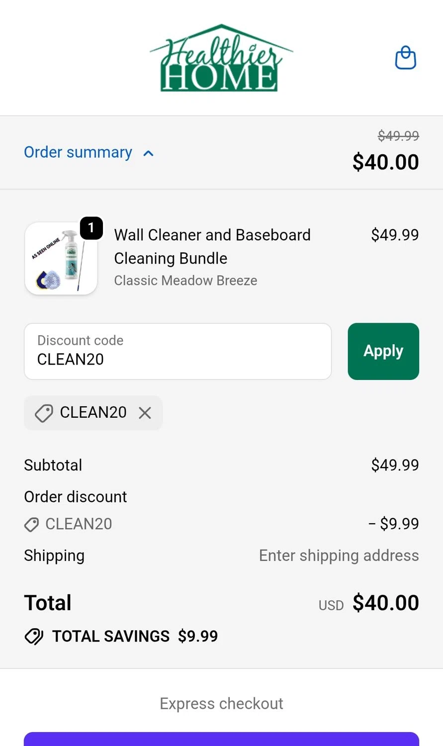 Healthier Home Products discount code screenshot showing code CLEAN20 applied at Healthier Home Products checkout page. Uploaded by SimplyCodes community member JuanMonge on Nov 7, 2025