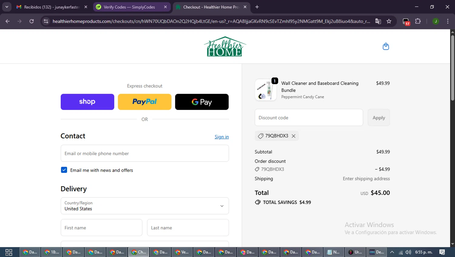 Healthier Home Products discount code screenshot showing code 79QBHDX3 applied at Healthier Home Products checkout page. Uploaded by SimplyCodes community member SmartLion6646 on Dec 29, 2025