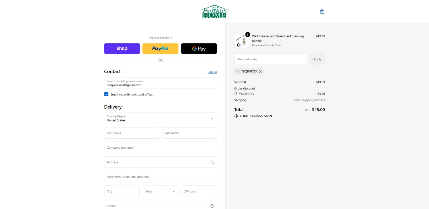Healthier Home Products discount code screenshot showing code 79QBHDX3 applied at Healthier Home Products checkout page. Uploaded by SimplyCodes community member pabloprieto on Dec 29, 2025