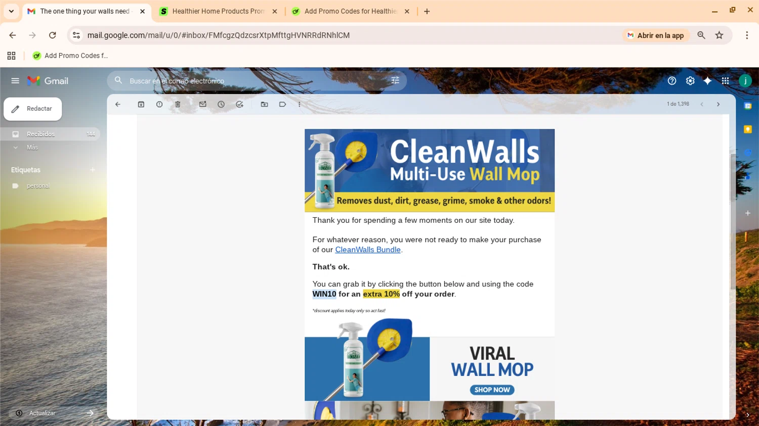 Healthier Home Products discount code screenshot showing code WIN10 applied at Healthier Home Products checkout page. Uploaded by SimplyCodes community member yennifergonzalez on Dec 3, 2025