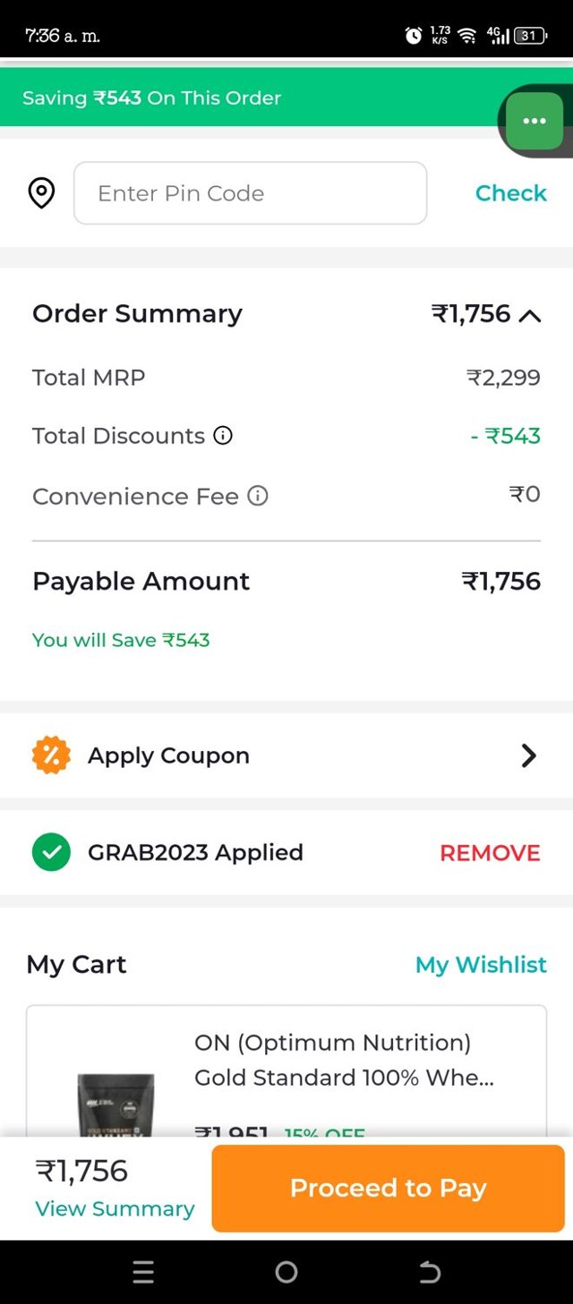 Healthkart checkout page showing Healthkart promo code box | Screenshot taken by SimplyCodes community member on Jul 19, 2025