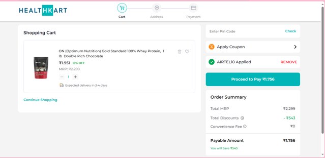 Healthkart checkout page showing Healthkart promo code box | Screenshot taken by SimplyCodes community member on Sep 6, 2025