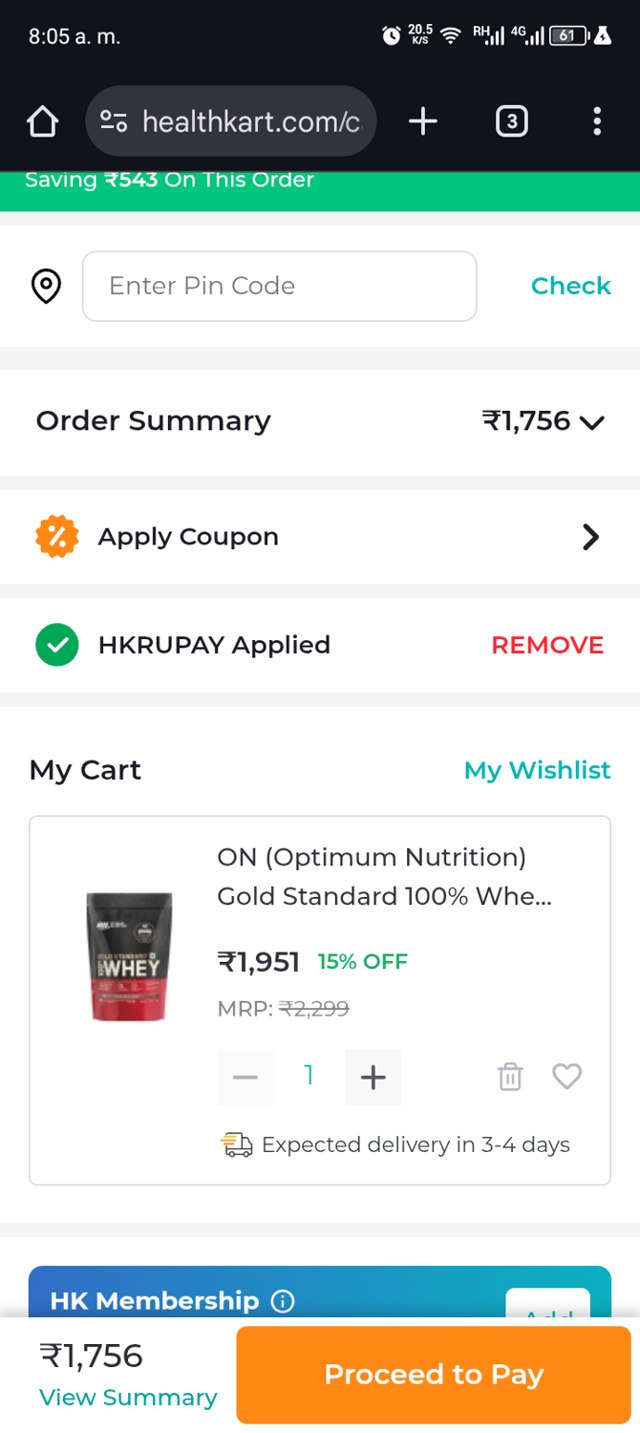 Healthkart checkout page showing Healthkart promo code box | Screenshot taken by SimplyCodes community member on Aug 16, 2025