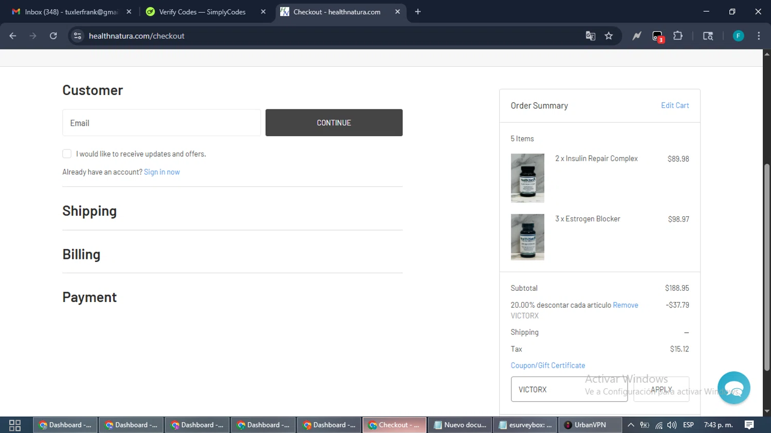 Health Natura coupon code screenshot showing code VICTORX applied at Health Natura checkout page. Uploaded by SimplyCodes community member ShrewdTitan3233 on Nov 14, 2025