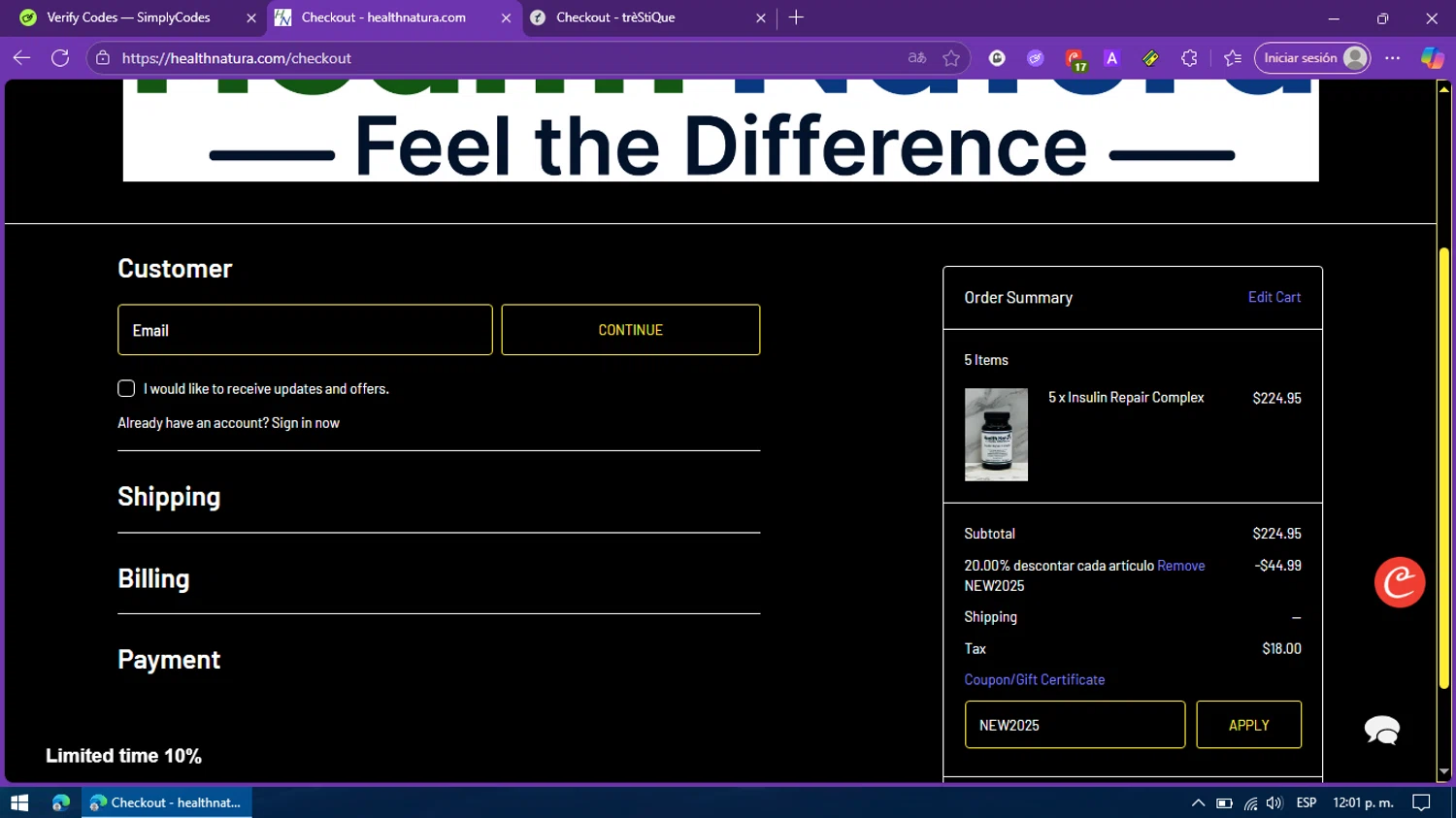 Health Natura coupon code screenshot showing code NEW2025 applied at Health Natura checkout page. Uploaded by SimplyCodes community member BargainFox507 on Nov 5, 2025