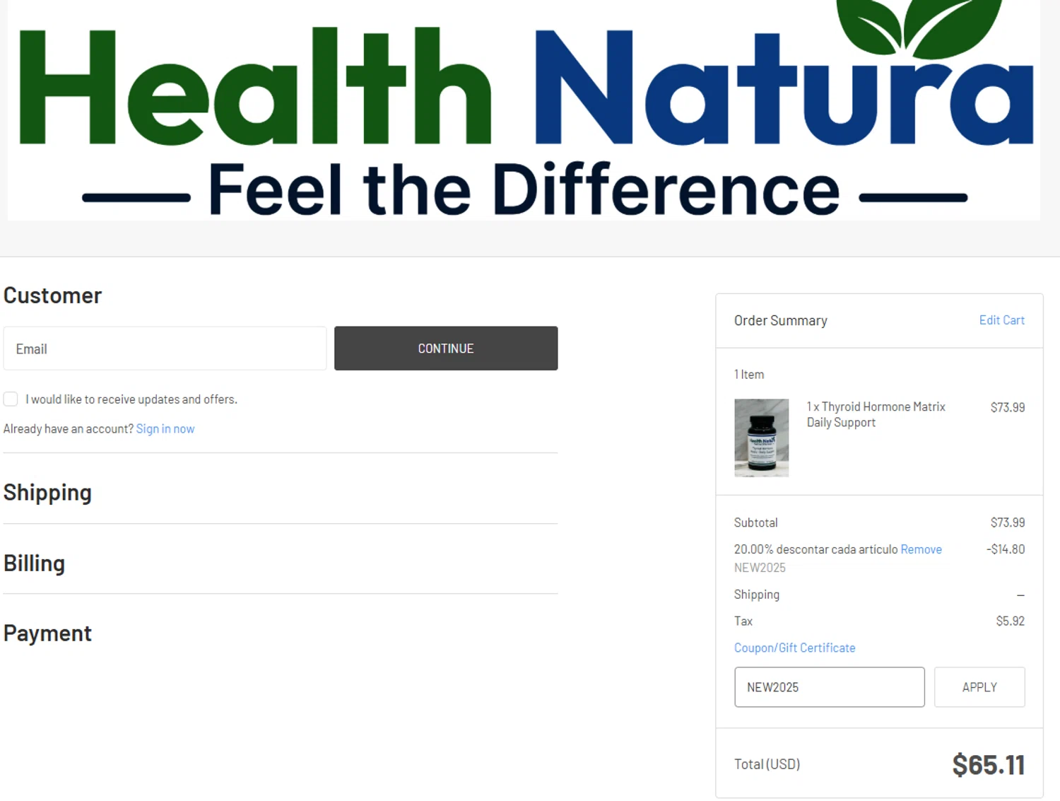 Health Natura coupon code screenshot showing code NEW2025 applied at Health Natura checkout page. Uploaded by SimplyCodes community member GoldEagle5421 on Jul 29, 2025