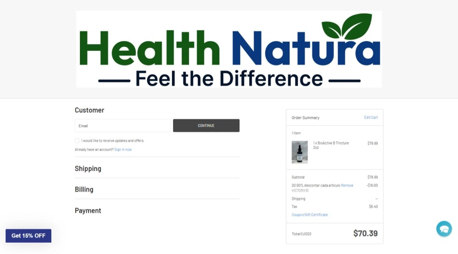 Health Natura coupon code screenshot showing code VICTORX10 applied at Health Natura checkout page. Uploaded by SimplyCodes community member belma123 on Nov 23, 2025