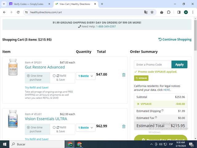 Healthy Directions checkout page showing Healthy Directions promo code box | Screenshot taken by SimplyCodes community member on Mar 19, 2024