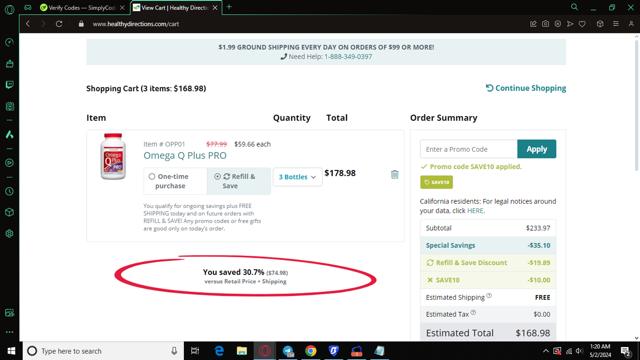 Healthy Directions checkout page showing Healthy Directions promo code box | Screenshot taken by SimplyCodes community member on May 2, 2024
